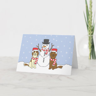 Irish Setters and Snowman Holiday Card