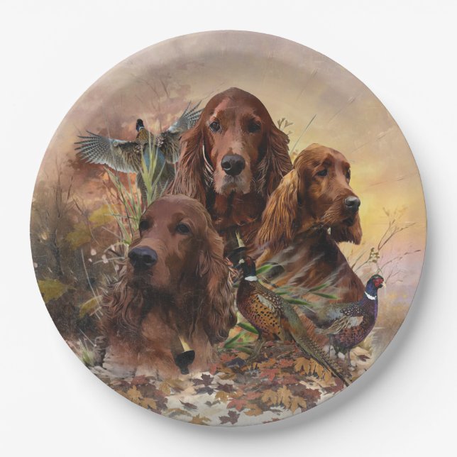  Irish Setters with Pheasants - Passion Hunt Paper Plate (Front)