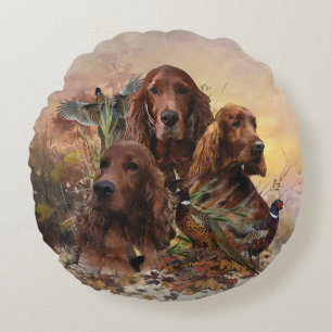  Irish Setters with Pheasants - Passion Hunt Round Pillow