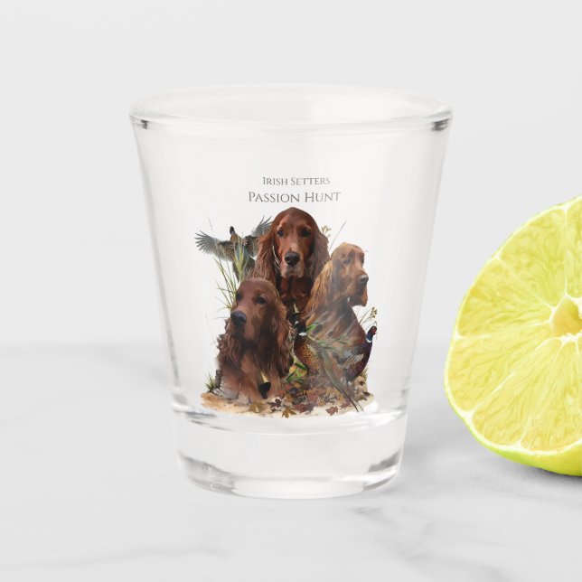  Irish Setters with Pheasants - Passion Hunt Shot Glass (Front)