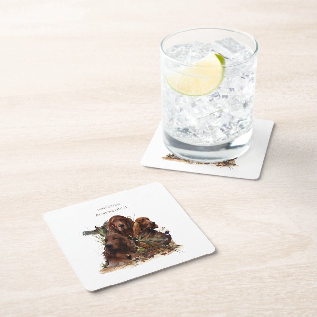  Irish Setters with Pheasants - Passion Hunt Square Paper Coaster (Insitu)