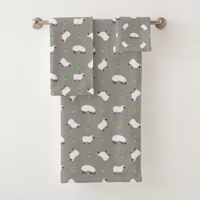 Irish Shamrock and Sheep Pattern Bath Towel Set (Insitu)
