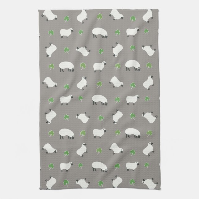 Irish Shamrock and Sheep Pattern Kitchen Towel (Vertical)