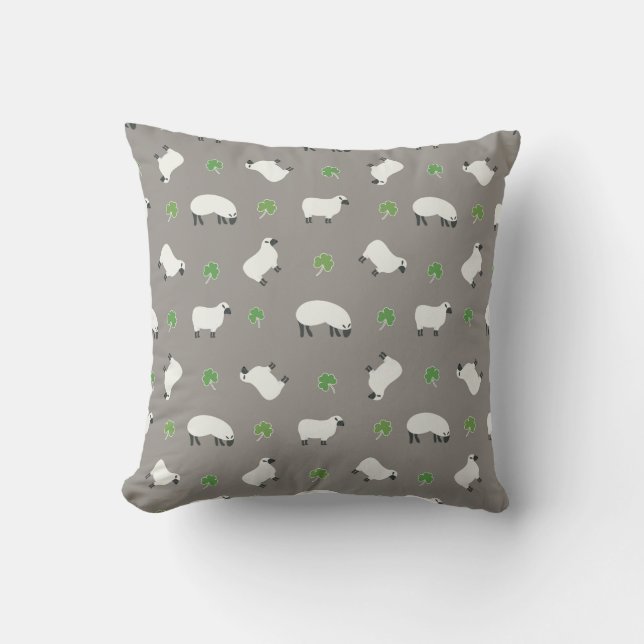 Irish Shamrock and Sheep Pattern Throw Pillow (Front)
