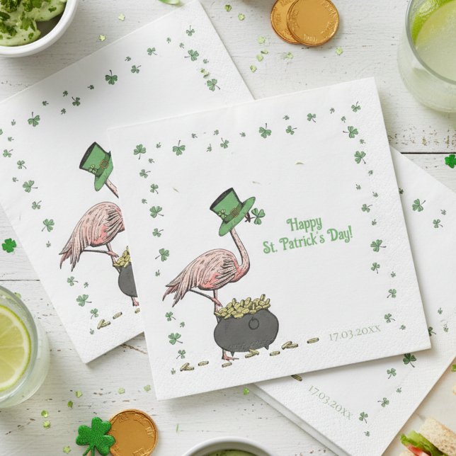 Irish Shamrock Flamingo St. Patrick’s Day Party Napkin (Happy St Patrick's Day Paper Napkins 4 Saint Patrick's Day Party. Cute Funny Irish Flamingo Clovers)