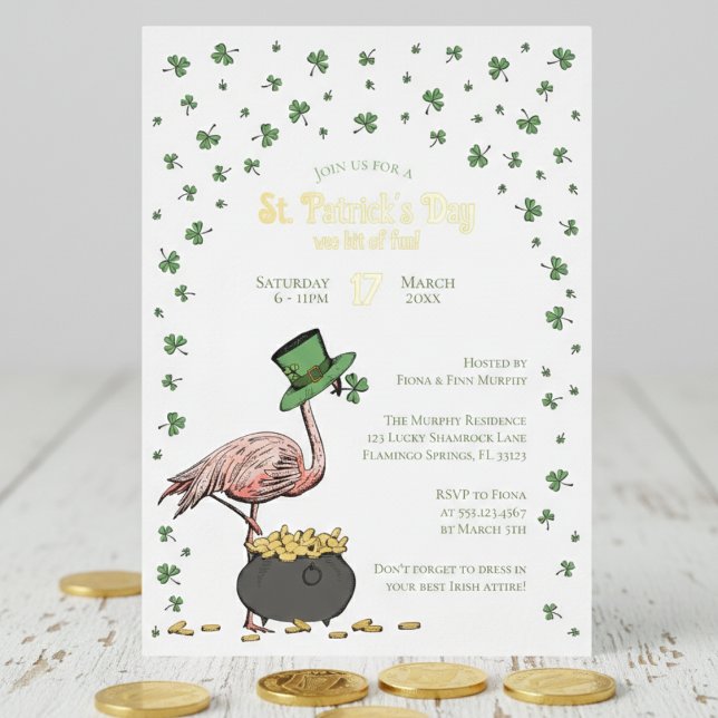 Irish Shamrock Flamingo St Patrick's Day Party (Funny Irish Flamingo St Patrick's Day Party Invitations with Gold Foil. Lucky Green Shamrocks Clover)