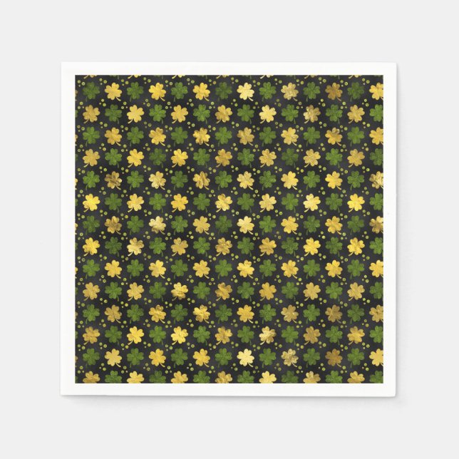 Irish Shamrock Four-leaf clover  Gold black Napkin (Front)