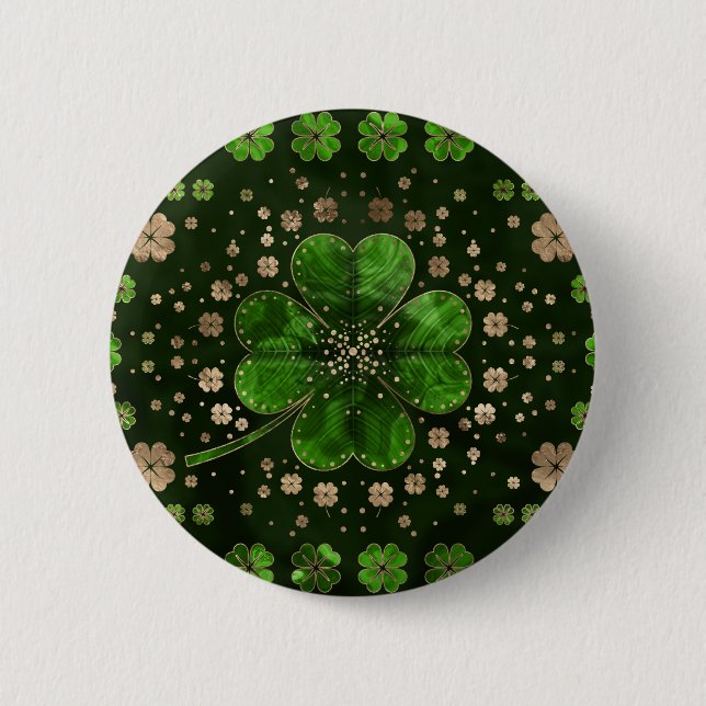 Irish Shamrock Four-leaf clover Malachite and gold 2 Inch Round Button (Front)