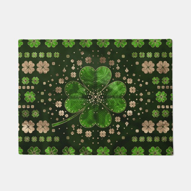 Irish Shamrock Four-leaf clover Malachite and gold Doormat (Front)