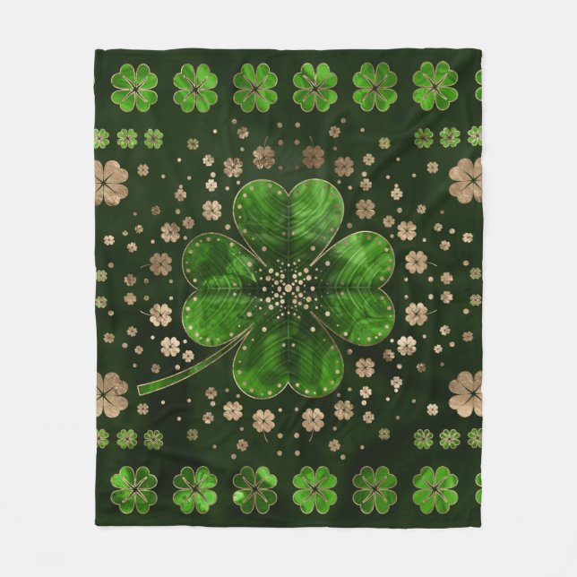 Irish Shamrock Four-leaf clover Malachite and gold Fleece Blanket (Front)