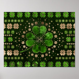 Irish Shamrock Four-leaf clover Malachite and gold Poster