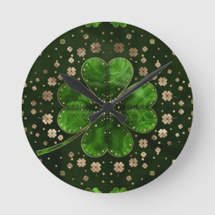 Irish Shamrock Four-leaf clover Malachite and gold Round Clock