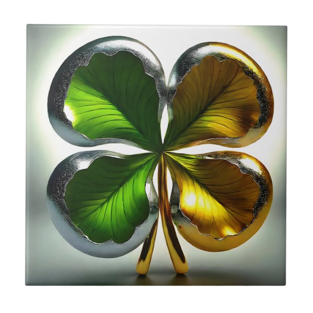 Irish Shamrock Four Leaf Golden Green Clover Tile (Front)