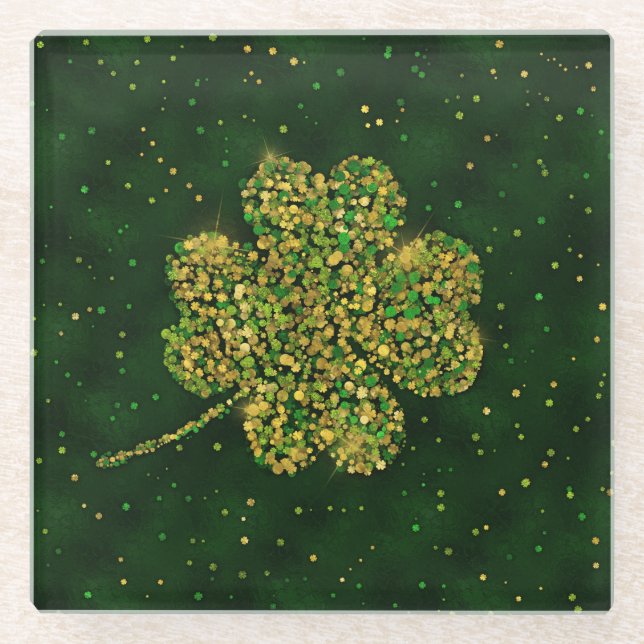 Irish Shamrock Four-leaf Lucky Clover Glass Coaster (Front)