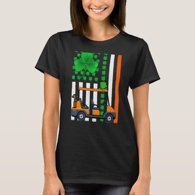 Irish Shamrock Funny American Flag Golf Cart St Pa T-Shirt (Front)