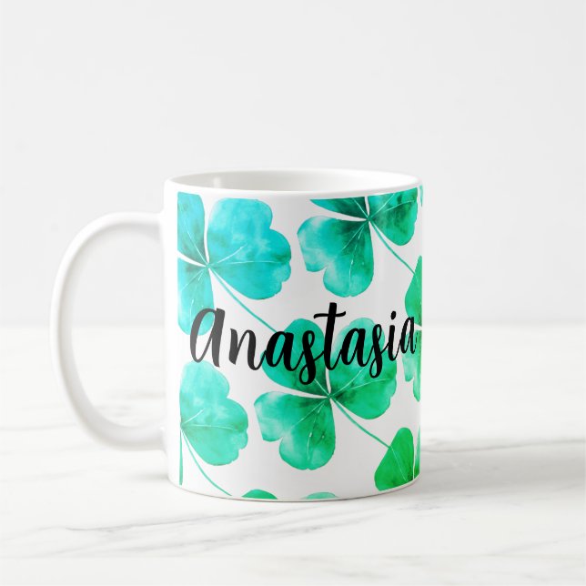 Irish Shamrock Green Blue Watercolor Custom Name  Coffee Mug (Left)
