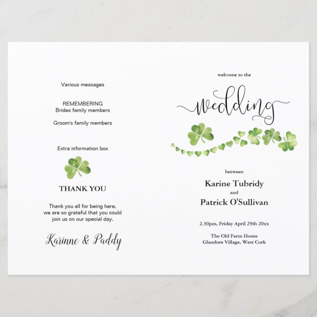 Irish Shamrock green wedding program    (Front)