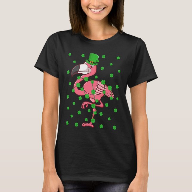 Irish Shamrock Leprechaun Flamingo Bird St Patrick T-Shirt (Front)