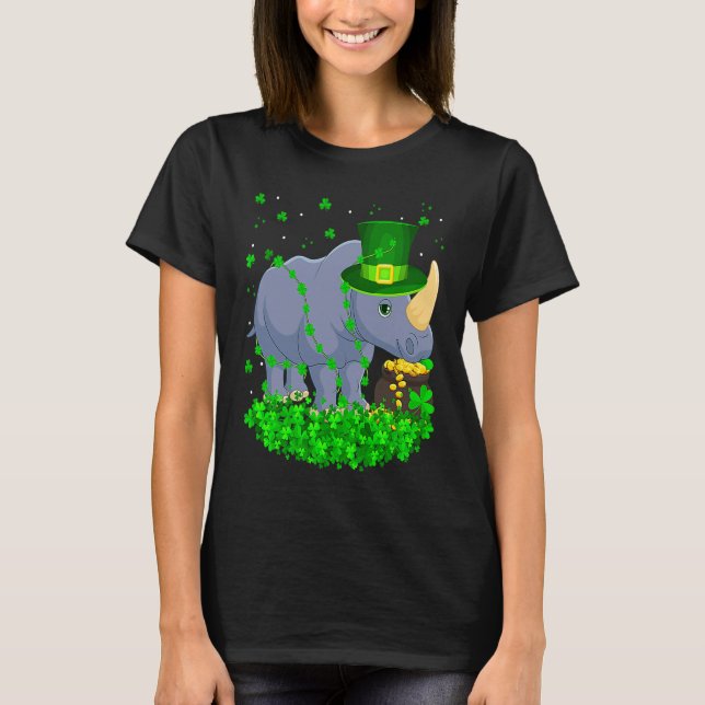 Irish Shamrock Leprechaun Rhino St Patrick's Day T-Shirt (Front)