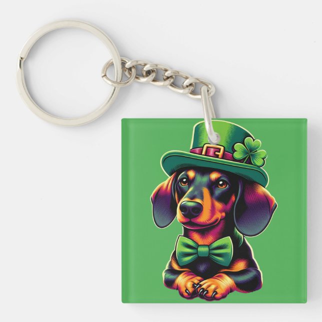 Irish Shamrock Lucky Dachshund Dog Patricks Day Keychain (Front)