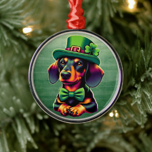 Irish Shamrock Lucky Dachshund Dog Patricks Day Metal Ornament