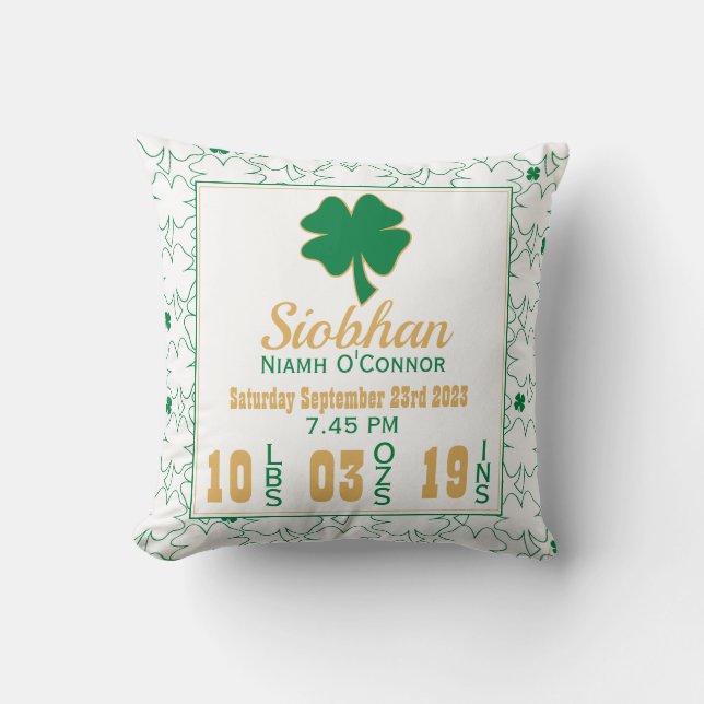 Irish Shamrock New Baby Birth Stats Throw Pillow (Front)