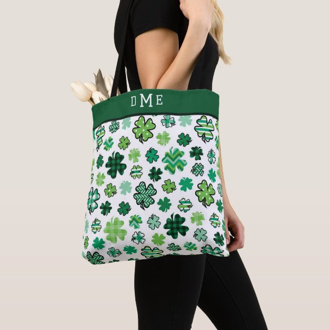 Irish Shamrock Pattern Triple Monogram Tote Bag (Close Up)