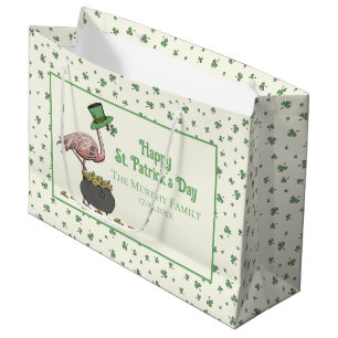 Irish Shamrock Pink Flamingo St Patricks Day Ivory Large Gift Bag