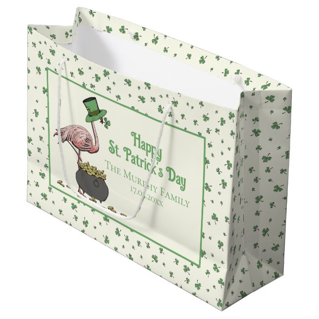 Irish Shamrock Pink Flamingo St Patricks Day Ivory Large Gift Bag (Front Angled)