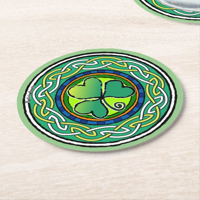 Irish shamrock round paper coaster (Angled)