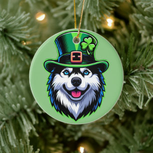 Irish Shamrock Siberian Husky Dog St Patricks Day Ceramic Ornament