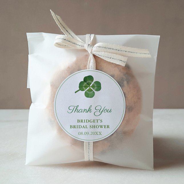 Irish Shamrock St Patricks Day Bridal Shower Favou Classic Round Sticker (Thank You Favor Sticker with a green watercolor Shamrock leaf. Perfect for a St Patrick's Day Party.)