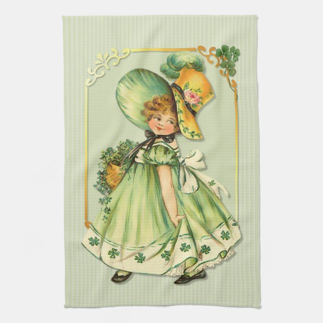 Irish Shamrock Stroll Girl Kitchen Towel (Vertical)