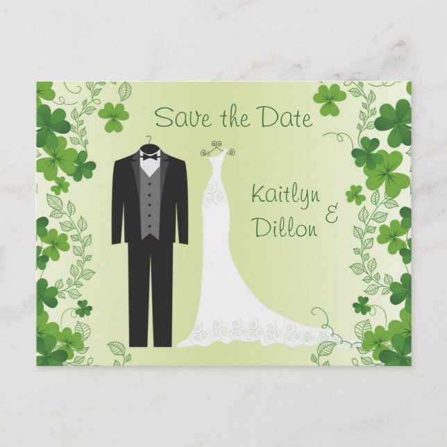 Irish Shamrock, tuxedo, wedding gown Save the Date Announcement Postcard (Front)