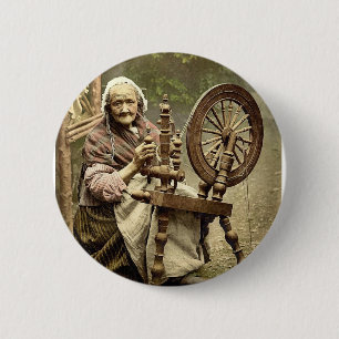Irish Spinner and Spinning Wheel. Co. Galway, Irel 2 Inch Round Button
