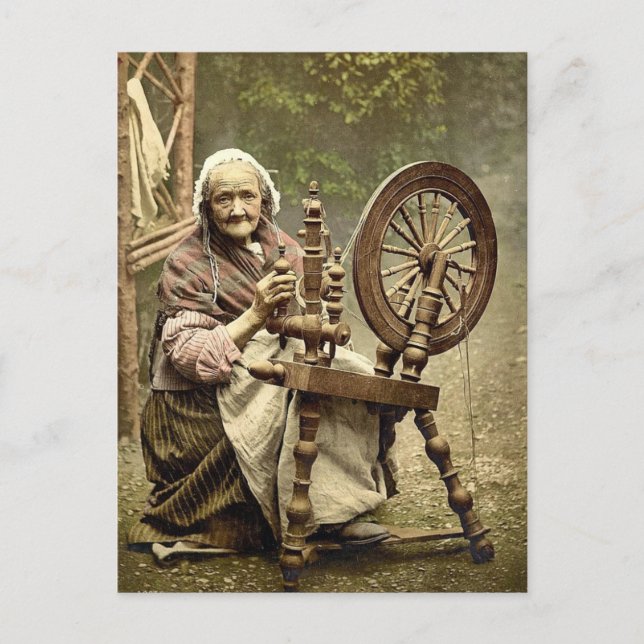 Irish Spinner and Spinning Wheel. Co. Galway, Irel Postcard (Front)