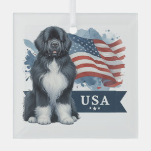 Irish Spot Newfie Patriotic Square  Glass Ornament