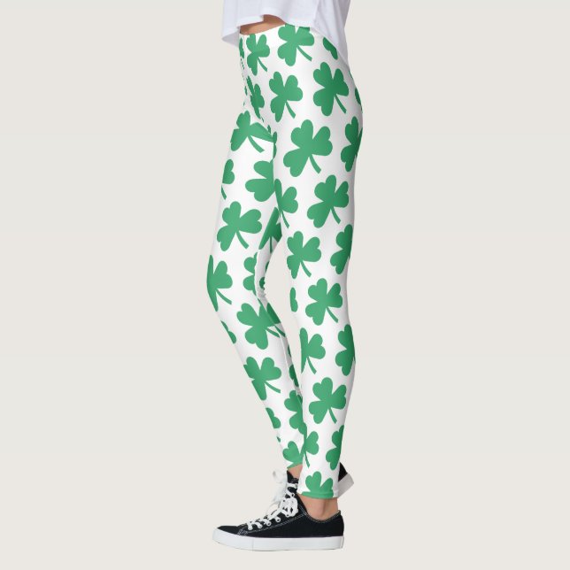 Irish St Patricks Day Green Shamrock Pattern Leggings (Left)