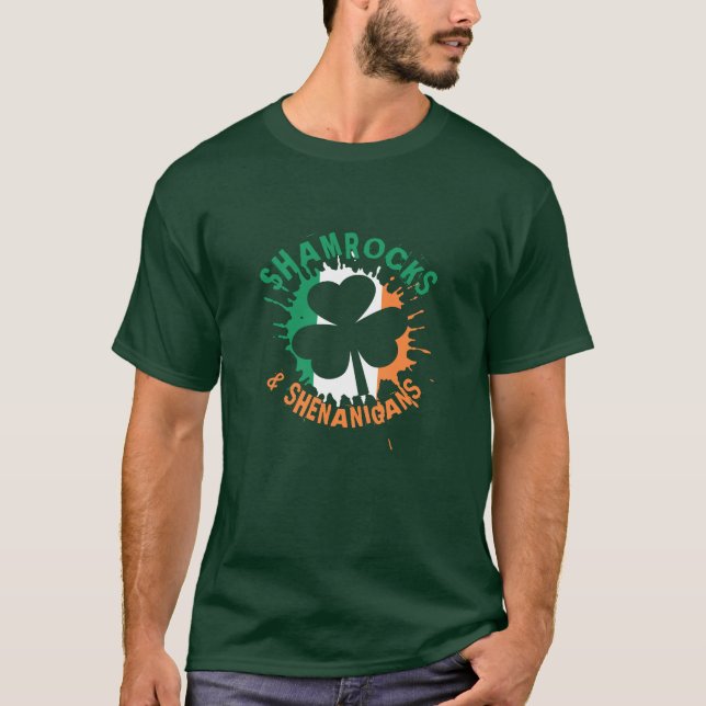 Irish St Patricks Day Shamrocks and Shenanigans T-Shirt (Front)