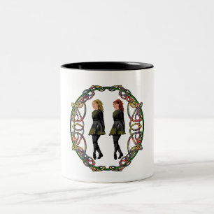 Irish Step Dancers in Celtic Knotwork Surround Two-Tone Coffee Mug