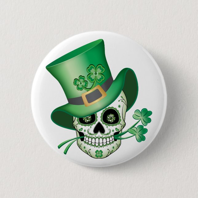 Irish Sugar Skull T-Shirt 2 Inch Round Button (Front)
