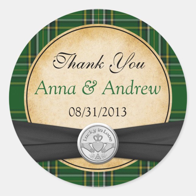 Irish Tartan Celtic Claddagh Lucky in Love Wedding Classic Round Sticker (Front)