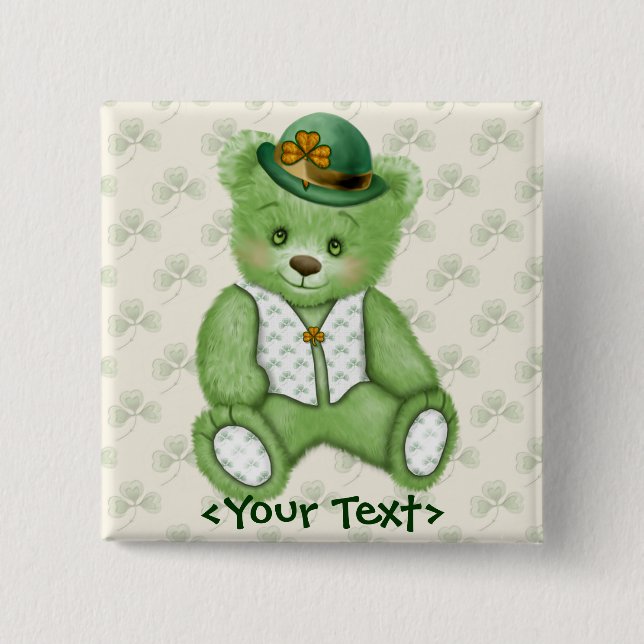 Irish Teddybear - Green 2 Inch Square Button (Front)