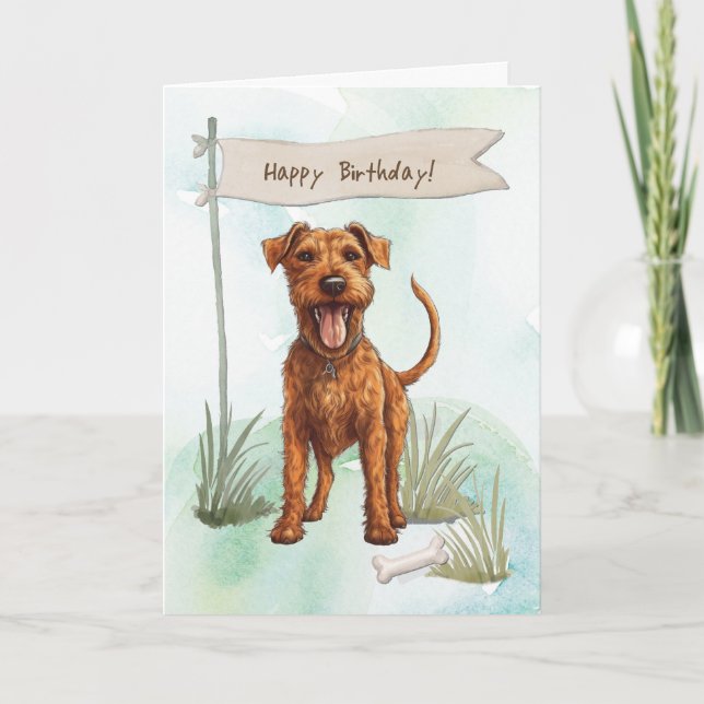 Irish Terrier Dog Outdoors Under Birthday Sign Card (Front)