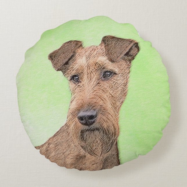Irish Terrier Painting - Cute Original Dog Art Round Pillow (Back)