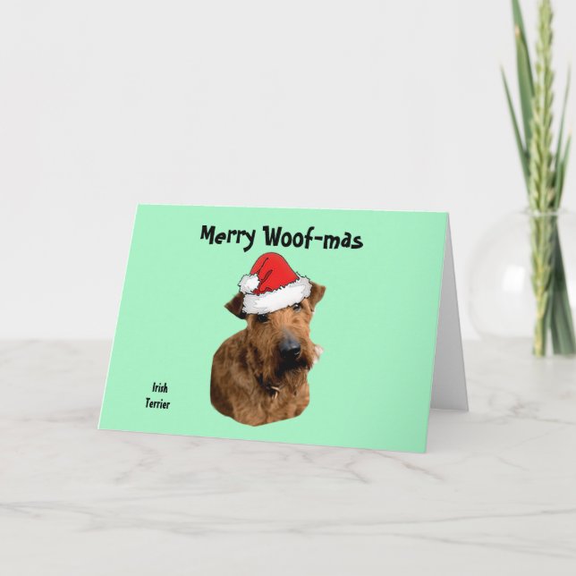 Irish Terrier with a Santa Hat   Holiday Card (Front)