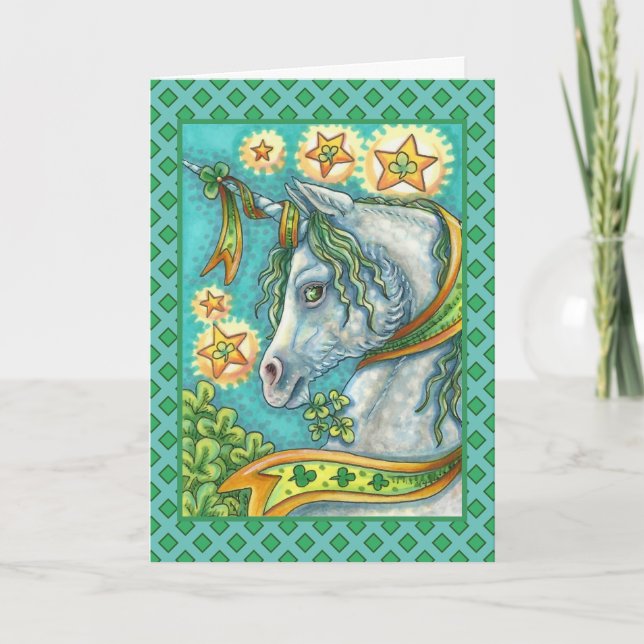 IRISH UNICORN, ST. PATRICK'S DAY FANTASY HORSE HOLIDAY CARD (Front)