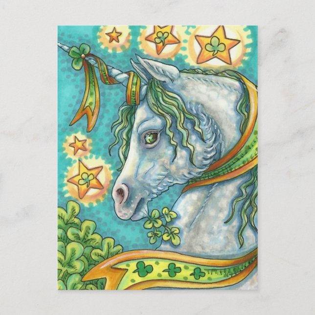 IRISH UNICORN, ST. PATRICK'S DAY FANTASY HORSE HOLIDAY POSTCARD (Front)