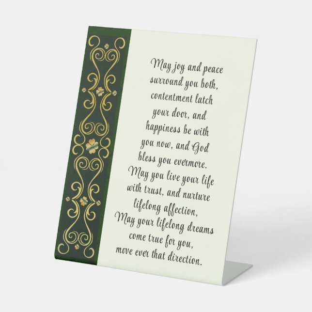 Irish Wedding Blessing Prayer Gold Green Design Pedestal Sign (Front)