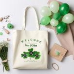 Irish Wedding Custom Welcome Bag Green Clovers<br><div class="desc">Irish wedding welcome bag with four lines of custom text. Welcome guests to a destination wedding event with goodie bags placed in their hotel room. Include names of the bride and groom, with date and location of the wedding. A grouping of dark green clover leaves is in the center. Printed...</div>